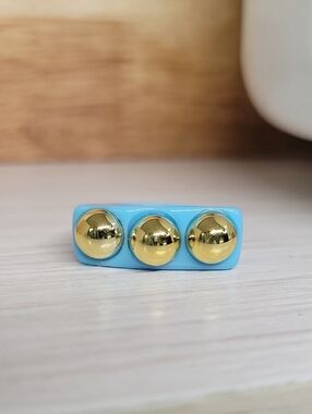 Fun & Funky Sky Blue Bar Ring with Three Gold Beads, Size 7
